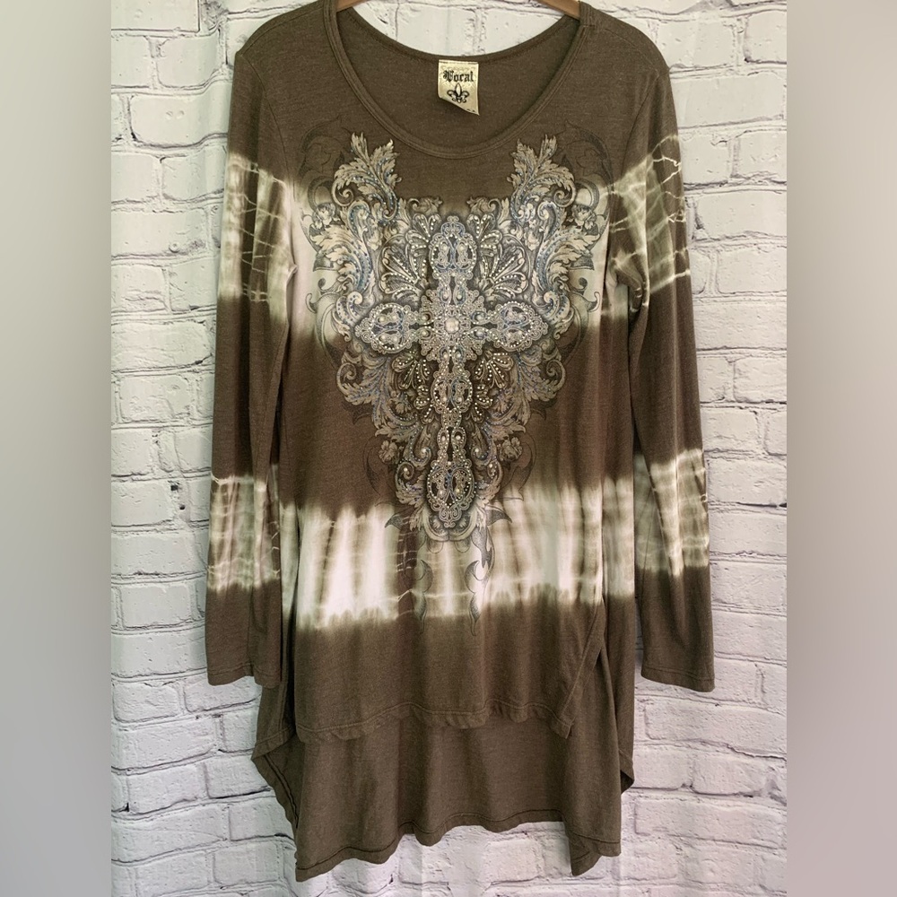 Vocal Tie Dyed Gothic Cross Embellished Hi Lo Tunic Top Size Small
